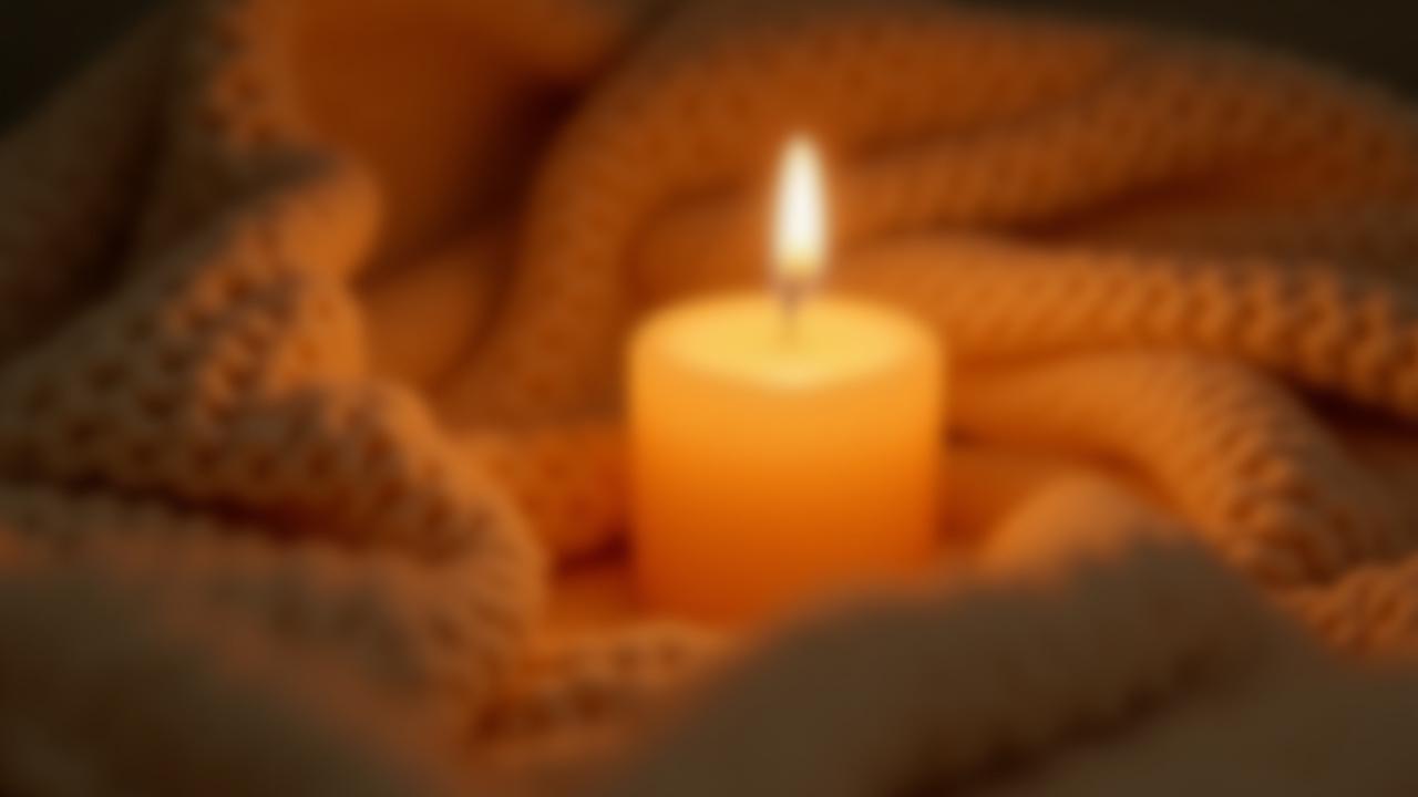 Close up of a warm, flickering candle flame and soft light on a cozy blanket
