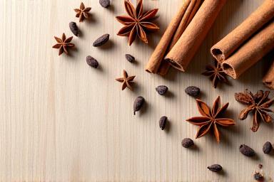 Cinnamon sticks, star anise, and cloves arranged artfully