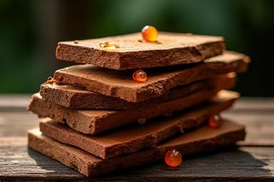 Stacked pieces of sandalwood and cedarwood with amber resin