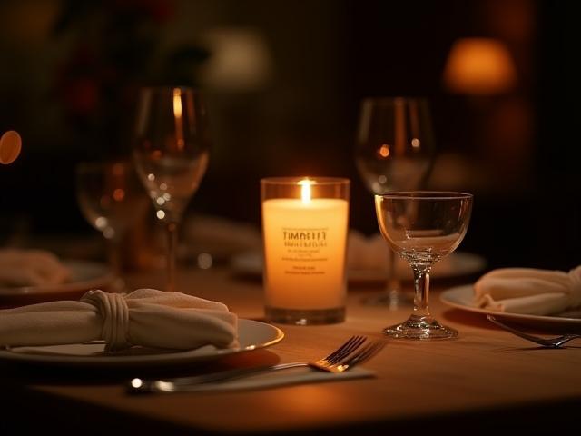 A lit candle on a dining table set for an intimate dinner for two