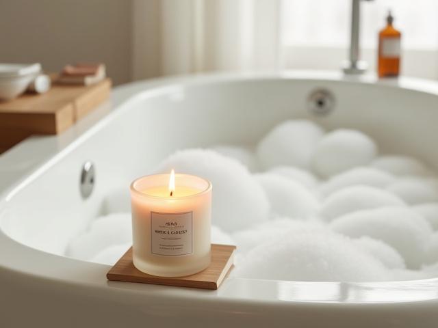 A lit candle next to a luxurious bathtub with bubbles and a bath caddy