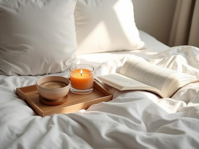 Timothy C Buckley candle on a wooden tray with a cup of coffee and a book on a bed