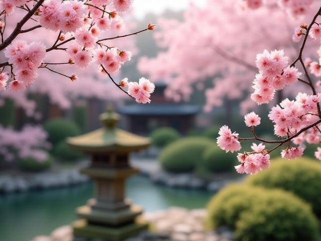 Tranquil Japanese garden with cherry blossoms