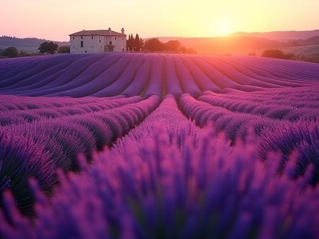 Vast lavender fields under a warm sun