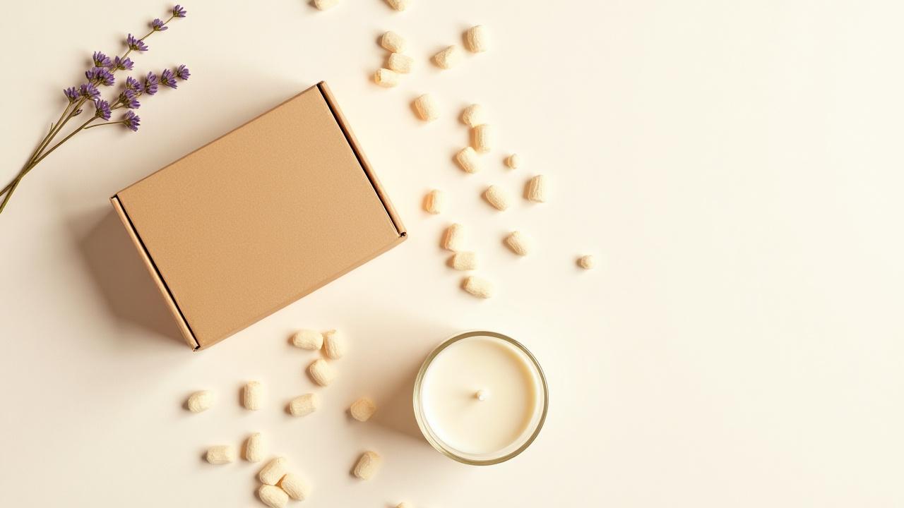 A serene flat-lay image showing recycled paper box, biodegradable packing peanuts, a glass candle vessel, and minimalist branding materials arranged thoughtfully.