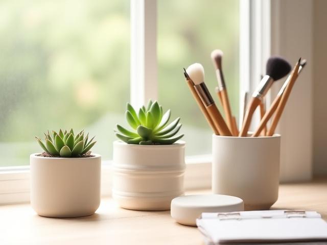 Image of various upcycled candle vessels, like a small succulent planter and a pen holder