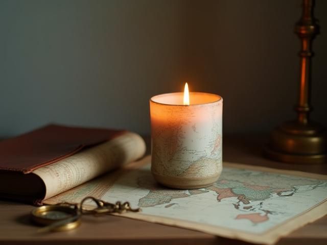 Candle next to a vintage map and a compass, evoking travel