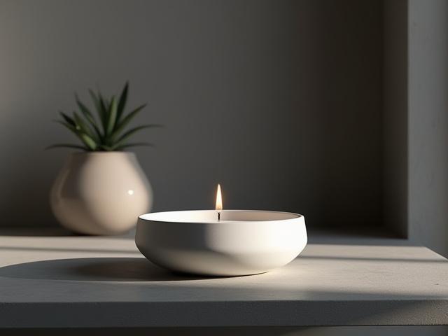 Minimalist white candle in a modern, uncluttered setting on a wooden surface