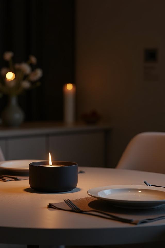 A TIMOTHY C BUCKLEY minimalist candle as a centerpiece on a dining table with linen placemats.