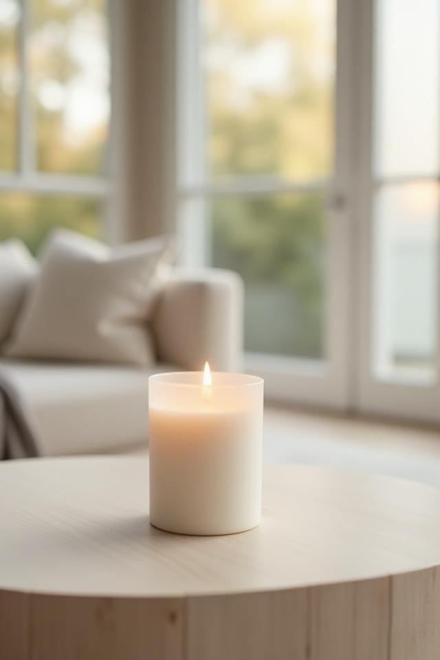 A TIMOTHY C BUCKLEY minimalist candle on a modern coffee table in a sunlit living room with neutral tones.