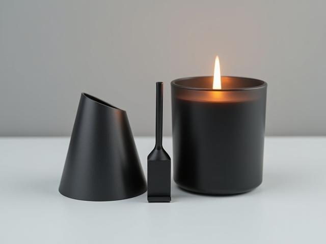 A stylish matte black wick trimmer and snuffer set displayed next to a lit minimalist candle.