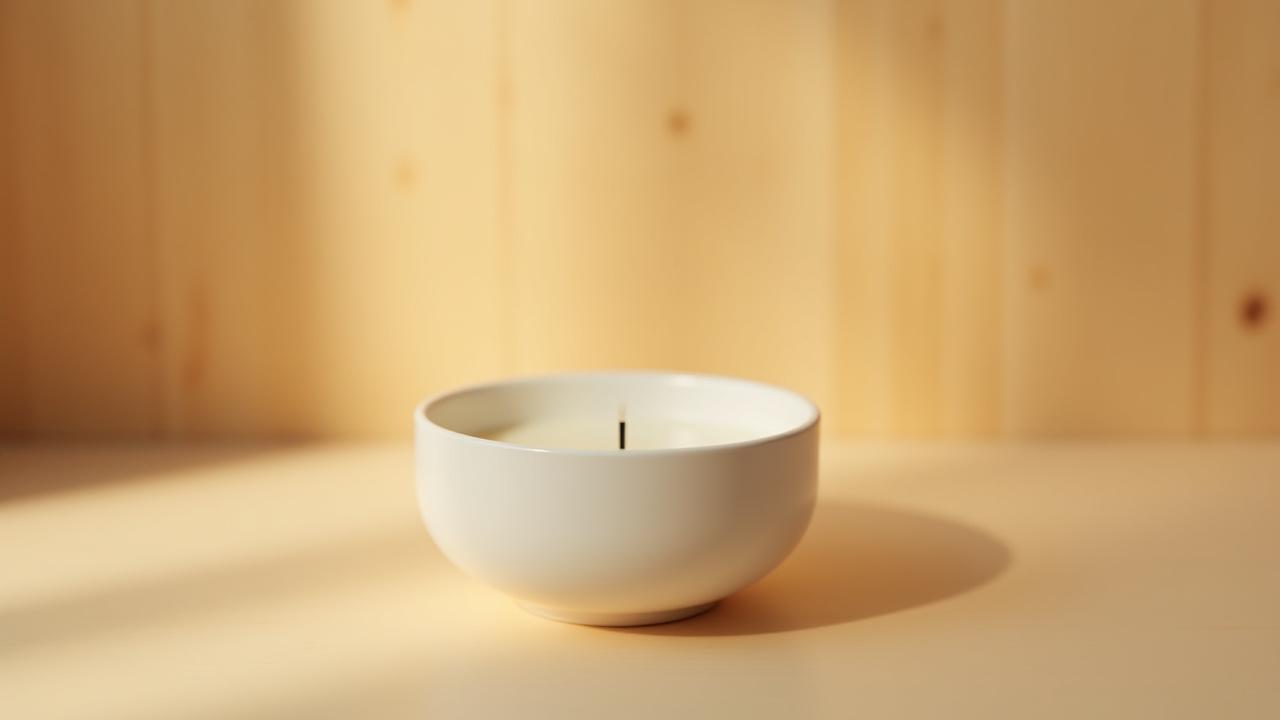 Pristine unlit white natural soy candle on a textured wooden background with subtle golden light