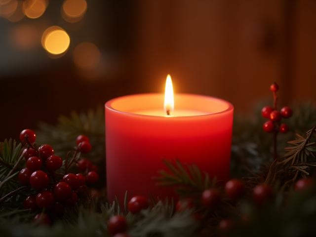 Image of Timothy C Buckley Holiday 2022 Collection candle, surrounded by festive decorations.