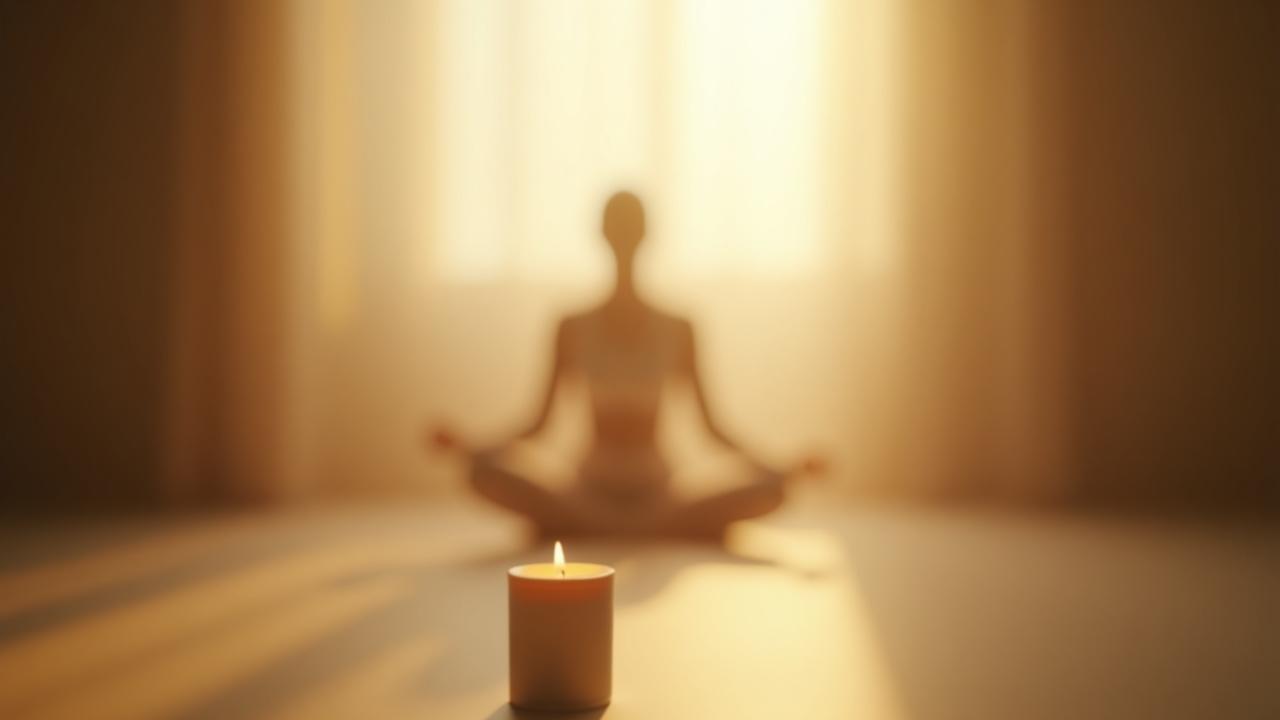 A serene woman practicing yoga, bathed in soft, natural light, with a softly burning TIMOTHY C BUCKLEY aromatherapy candle in the foreground